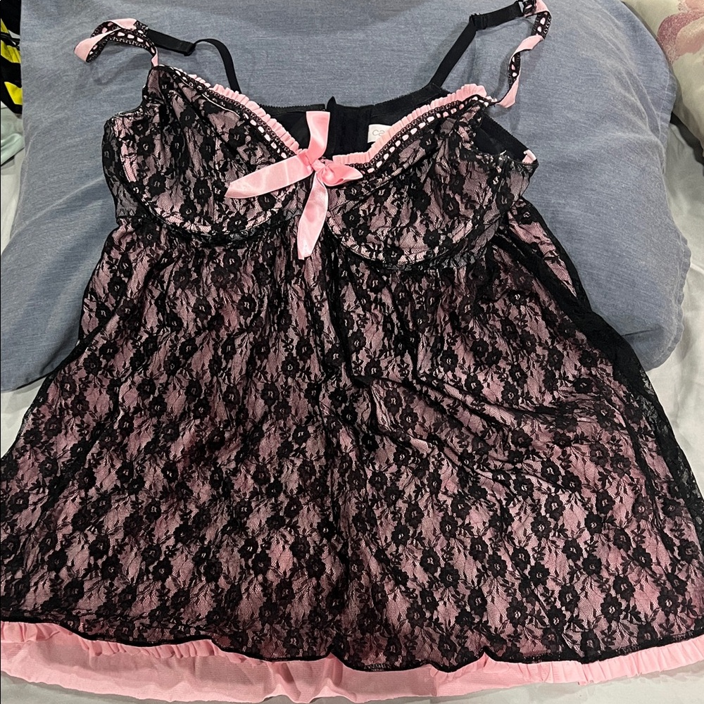 Cacique Pink and Black Lace Chemise